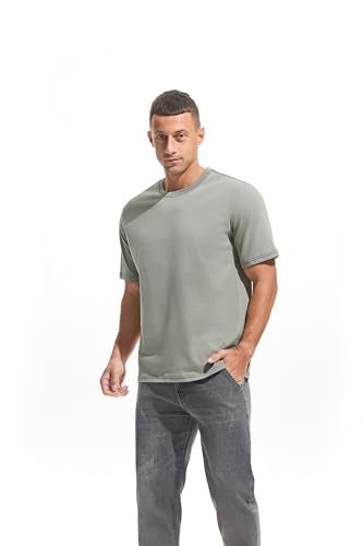 VEIISAR Men's Heavy Weight Crew Neck T-Shirt - Mens Premium 100 Cotton Thick Tees Pre Shrunk Light Grey M - Image 4