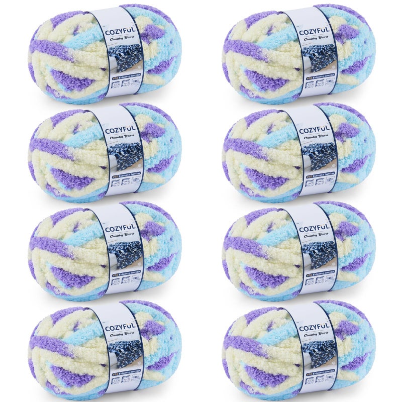 Cozyful Chunky Yarn for Hand Knitting - #10 Chunky Chenille Blanket Yarn, Jumbo Big Thick Chunky Yarns for Crocheting, Tie Dye Bulky Knit Yarns, 8 Skein (25 yds 8 oz Each Skein), Purple&Yellow&Blue - Image 1