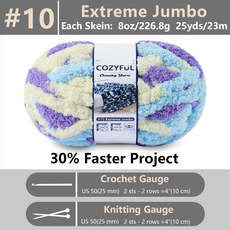 Cozyful Chunky Yarn for Hand Knitting - #10 Chunky Chenille Blanket Yarn, Jumbo Big Thick Chunky Yarns for Crocheting, Tie Dye Bulky Knit Yarns, 8 Skein (25 yds 8 oz Each Skein), Purple&Yellow&Blue - Image 2