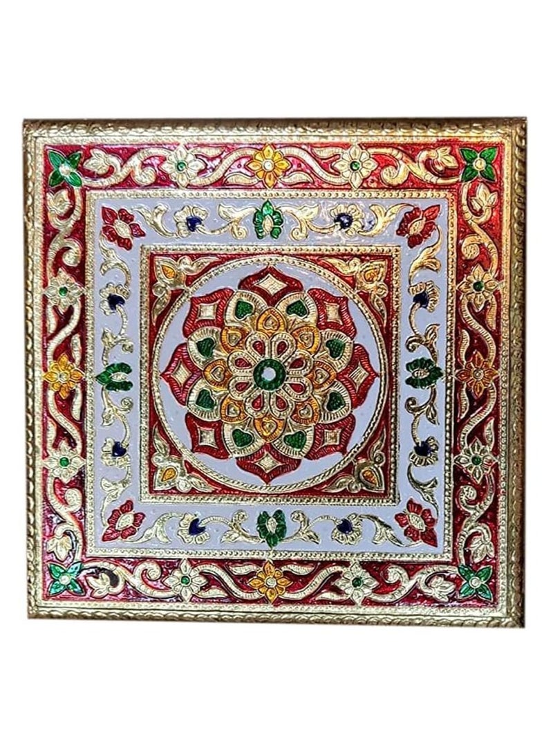 Generic Handcrafted Wood Minakari Chowki aluminium wrap Flower Design | Premium Quality Bajot with Metal Stand for Home & Office Decor Size (20 x 20 x 4)  - Image 2