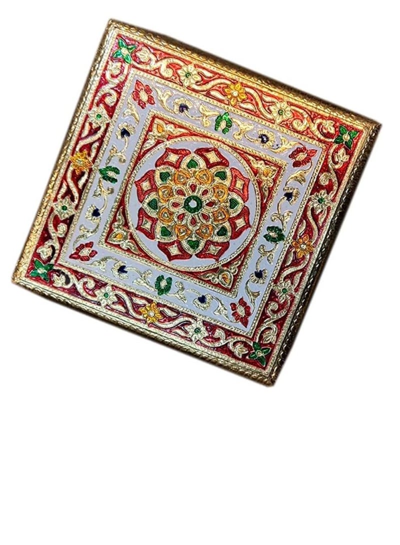 Generic Handcrafted Wood Minakari Chowki aluminium wrap Flower Design | Premium Quality Bajot with Metal Stand for Home & Office Decor Size (20 x 20 x 4)  - Image 3