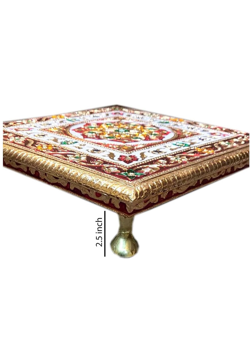Generic Handcrafted Wood Minakari Chowki aluminium wrap Flower Design | Premium Quality Bajot with Metal Stand for Home & Office Decor Size (20 x 20 x 4)  - Image 1