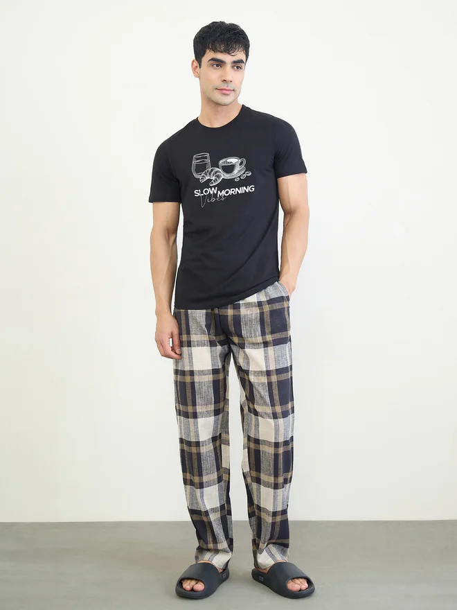 Styli Men Graphic Print T-Shirt and Checked Pyjama Set