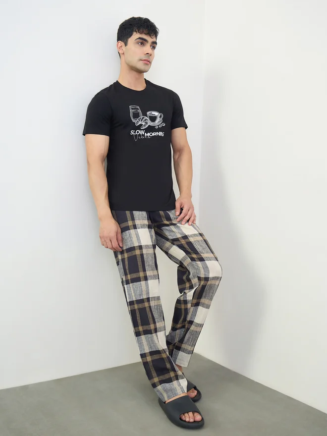 Styli Men Graphic Print T-Shirt and Checked Pyjama Set