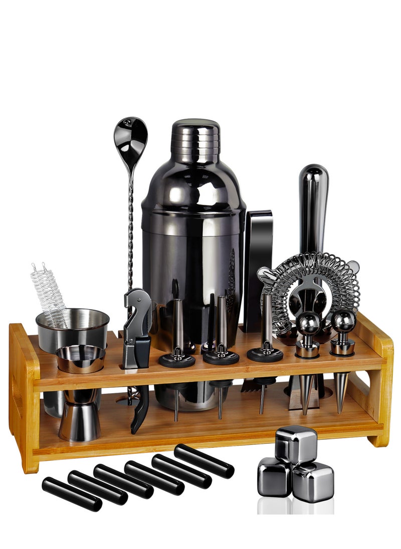 Generic - Bartender Kit Cocktail Shaker Set 26-Piece Black Stainless Steel Bar Set with Bamboo Stand Bar Tools Cocktail Kit for Drink Mixing Home Bar Party Gift Bartending Kit with 3 Whiskey Stones - Image 1