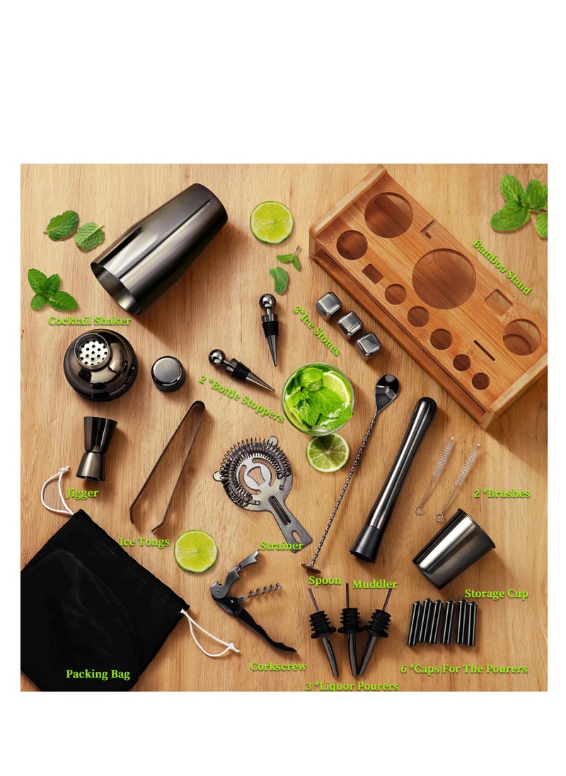 Generic - Bartender Kit Cocktail Shaker Set 26-Piece Black Stainless Steel Bar Set with Bamboo Stand Bar Tools Cocktail Kit for Drink Mixing Home Bar Party Gift Bartending Kit with 3 Whiskey Stones - Image 1