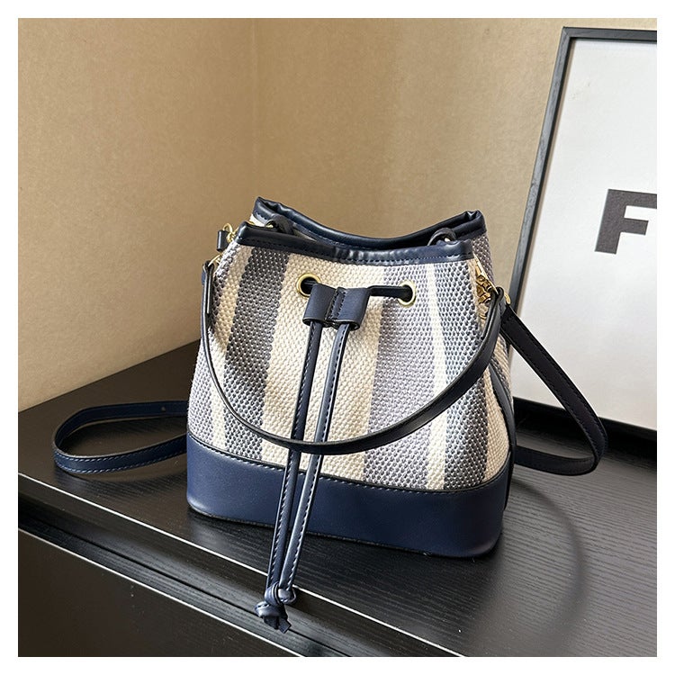 Large-Capacity Handbag Women'S New Style Stitching Contrasting Color Single Shoulder Crossbody Bag Texture Drawstring Bucket Bag Green - Image 1