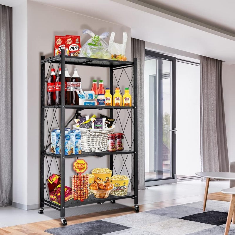 SHOWAY Hantop 4 Tier Metal Storage Shelves, Toolless Assembly, Folding Shelving Unit with Rolling Brake Wheels, Large Capacity Utility Shelf Storage Rack Stackable Shelves for Garage Warehouse Patio Basement - Image 2
