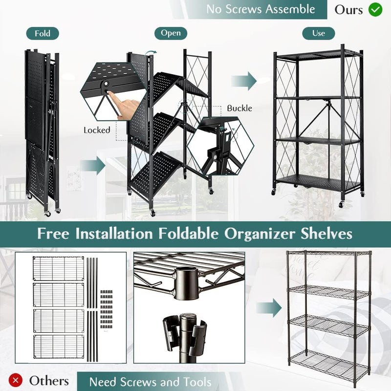 SHOWAY Hantop 4 Tier Metal Storage Shelves, Toolless Assembly, Folding Shelving Unit with Rolling Brake Wheels, Large Capacity Utility Shelf Storage Rack Stackable Shelves for Garage Warehouse Patio Basement - Image 4