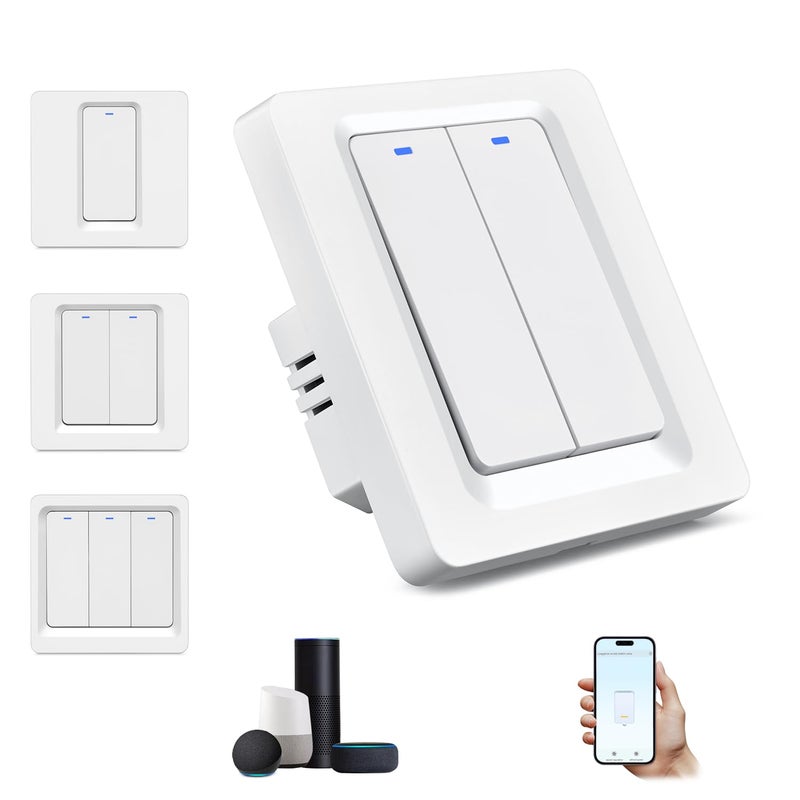 Pohaytipe مفتاح إضاءة ذكي WiFi، لا يحتاج إلى سلك محايد، مفتاح حائط ذكي مع تحكم عن بعد، تحكم صوتي ومؤقت، متوافق مع Alexa وGoogle Assistant، تركيب سهل (2 مفتاح، سلك L واحد) - Image 1