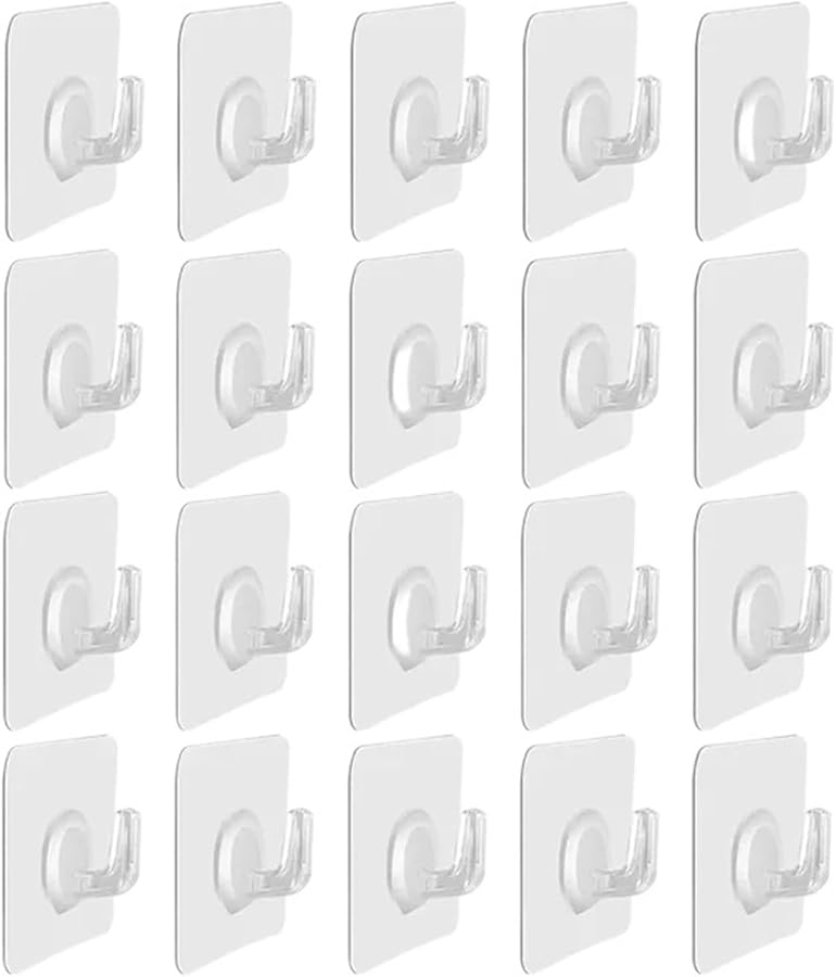20 قطعة من الخطافات اللاصقة البلاستيكية الشفافة لا تترك أثرًا ولا تخدش مقاومة للماء للمطبخ والحمام والمكتب والتخزين - Image 1