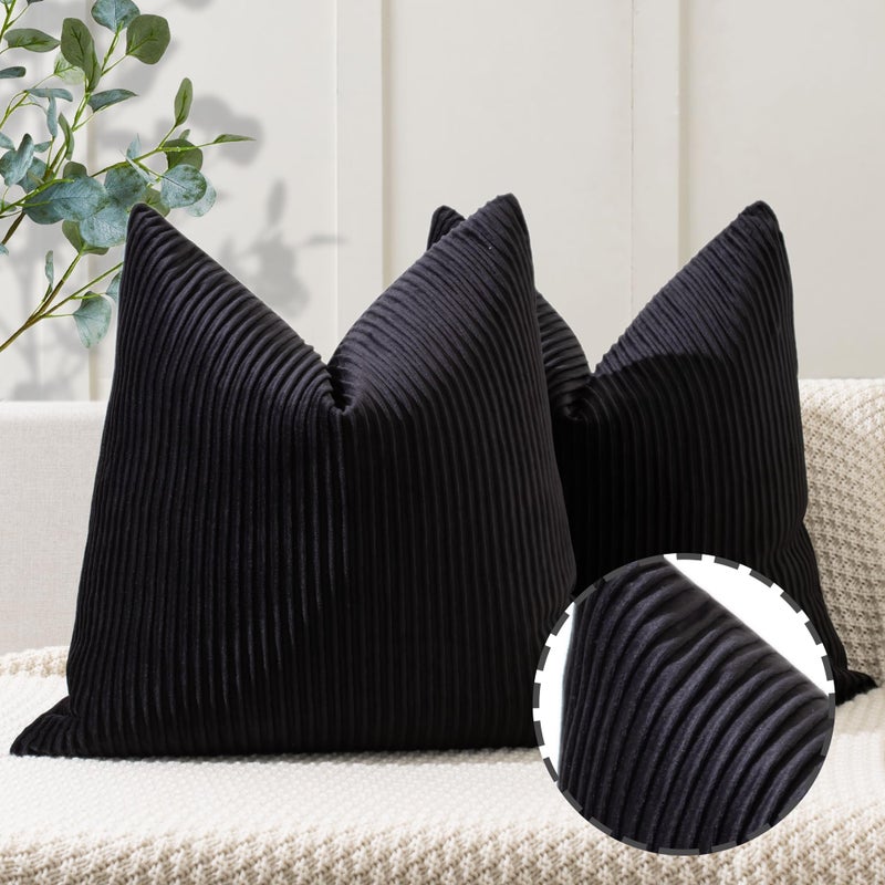 YCOLL Black Pillow Covers 18x18 Set of 2 Velvet Striped Pattern Soft Throw Pillows for Home Decor Luxury Decorative Pillow Covers for Couch BedLiving Room
