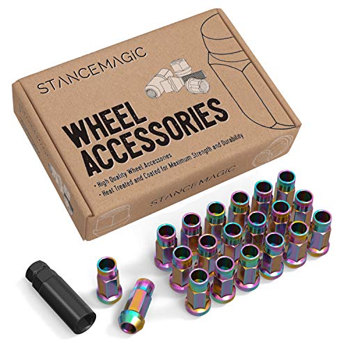 StanceMagic 20pcs Neochrome 12x1.25 Extended Tuner Lug Nuts - Open End, Cone Taper Acorn Seat, 50mm (2") Length, 22mm (0.87") Width, 17mm 11/16" Hex - Compatible with Nissan Infiniti Subaru and More - Image 1