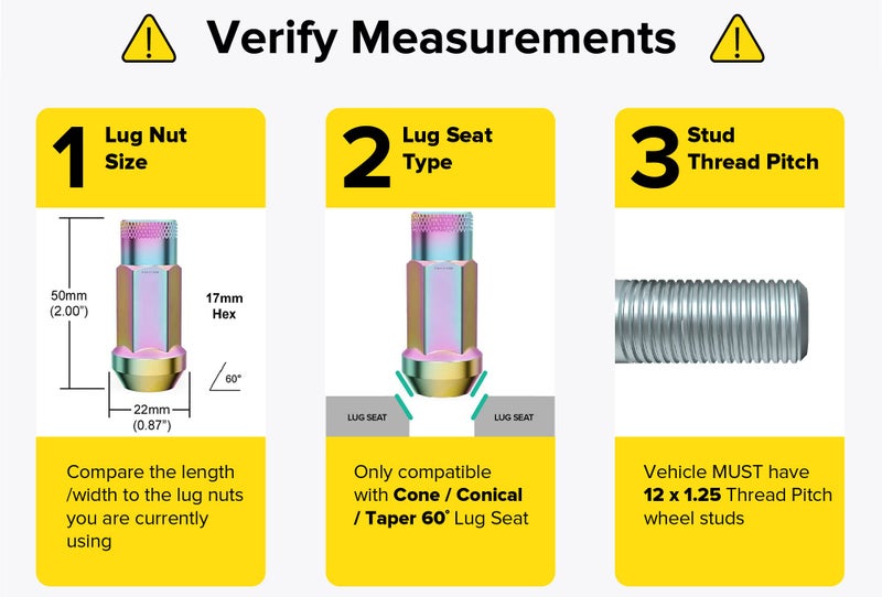 StanceMagic 20pcs Neochrome 12x1.25 Extended Tuner Lug Nuts - Open End, Cone Taper Acorn Seat, 50mm (2") Length, 22mm (0.87") Width, 17mm 11/16" Hex - Compatible with Nissan Infiniti Subaru and More - Image 2