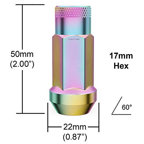 StanceMagic 20pcs Neochrome 12x1.25 Extended Tuner Lug Nuts - Open End, Cone Taper Acorn Seat, 50mm (2") Length, 22mm (0.87") Width, 17mm 11/16" Hex - Compatible with Nissan Infiniti Subaru and More - Image 3