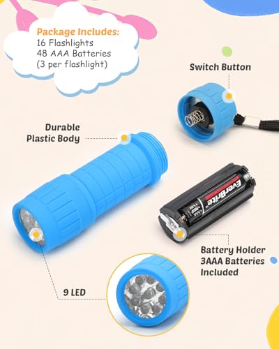 EverBrite 16-Pack Mini LED Flashlight Set - Assorted 4 Colors, 48 AAA Batteries Included, for Hurricane Supplies Party Favors, Kids Gift, Camping, Hiking etc - Image 4