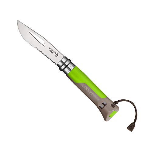 Opinel No. 08 Outdoor Folding Knife + Multitool - Partially Serrated Stainless Steel Blade, Nonslip Handle, Survival Whistle, Shackle Key (Green) - Image 4