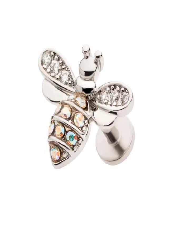 Pierced Owl 18GA 316L Stainless Steel CZ Crystal Paved Bee Threadless Flat Back Stud - Image 1