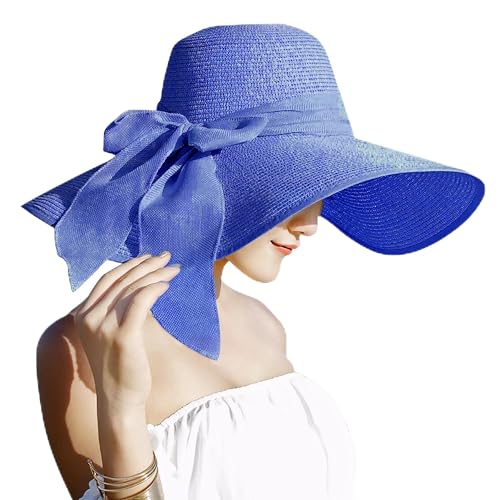 Lanzom Womens 5.7 Inches Big Bowknot Straw Hat Large Floppy Foldable Roll up Beach Cap Sun Hat UPF 50+ Fit Size 6 8/7-7 1/4(Royal Blue) - Image 1