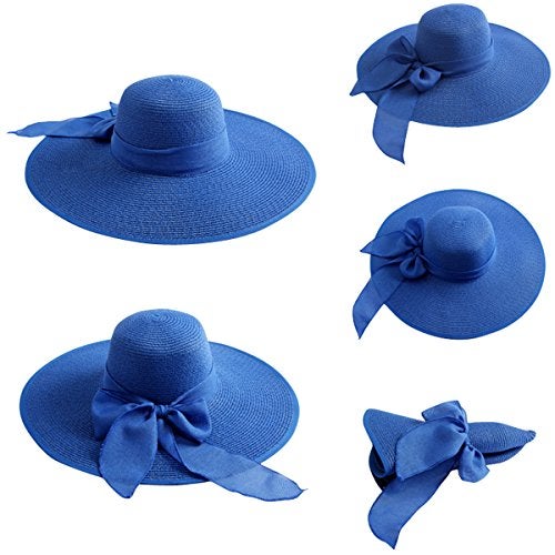 Lanzom Womens 5.7 Inches Big Bowknot Straw Hat Large Floppy Foldable Roll up Beach Cap Sun Hat UPF 50+ Fit Size 6 8/7-7 1/4(Royal Blue) - Image 2