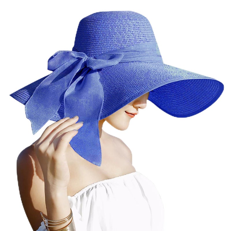 Lanzom Womens 5.7 Inches Big Bowknot Straw Hat Large Floppy Foldable Roll up Beach Cap Sun Hat UPF 50+ Fit Size 6 8/7-7 1/4(Royal Blue) - Image 3