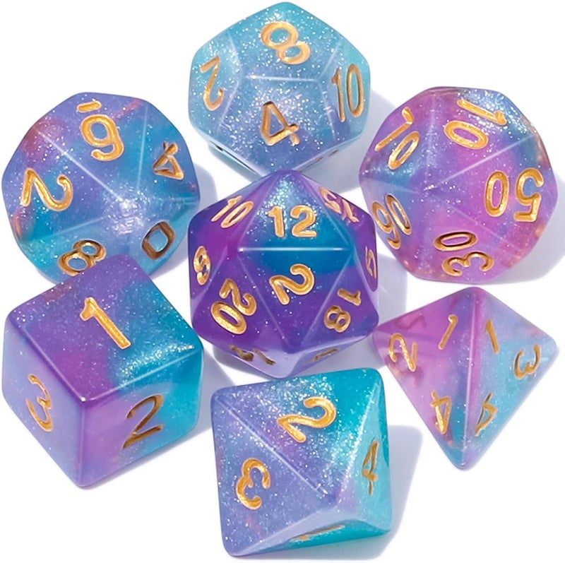 QMAY DND Dice Set -D&D Polyhedral Dice (7 Pcs) for Dungeons and Dragons (Purple Light Blue Glitter) - Image 1