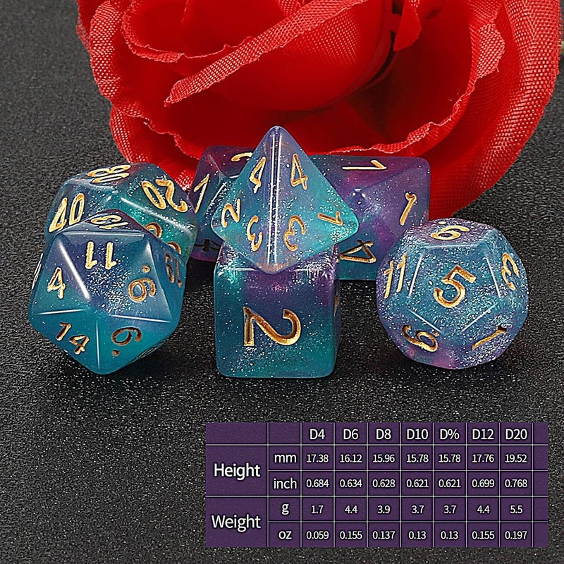 QMAY DND Dice Set -D&D Polyhedral Dice (7 Pcs) for Dungeons and Dragons (Purple Light Blue Glitter) - Image 2