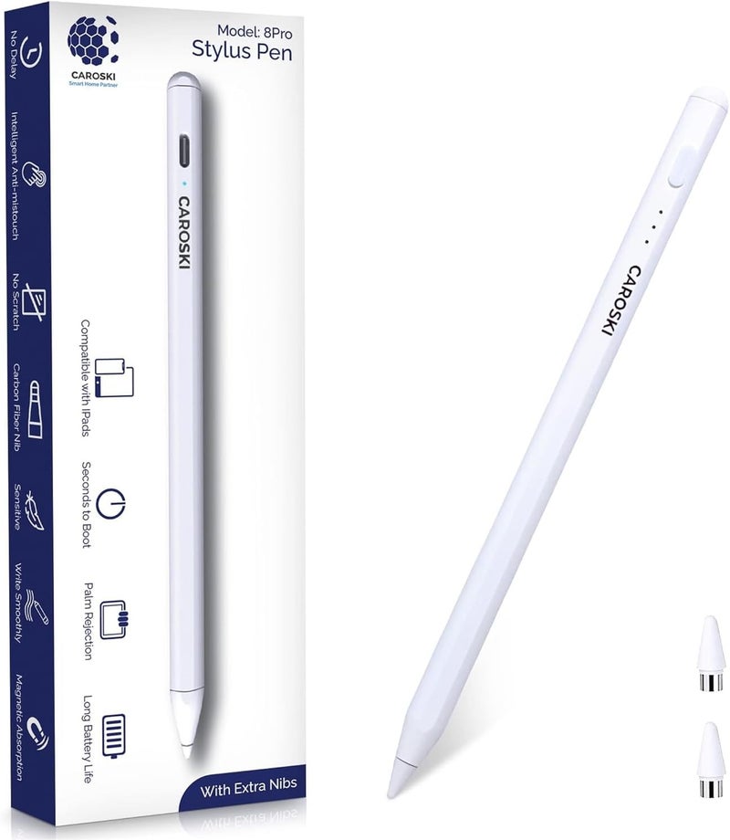 كاروسكي قلم ستايلس لجهاز iPad مع رفض راحة اليد ونقاط إضافية، قلم نشط دقيق متوافق مع iPad Pro Air Mini، تشغيل سريع، بطارية طويلة الأمد، تصميم مغناطيسي، قلم ستايلس مع كابل شحن USB-C (أبيض) - Image 1