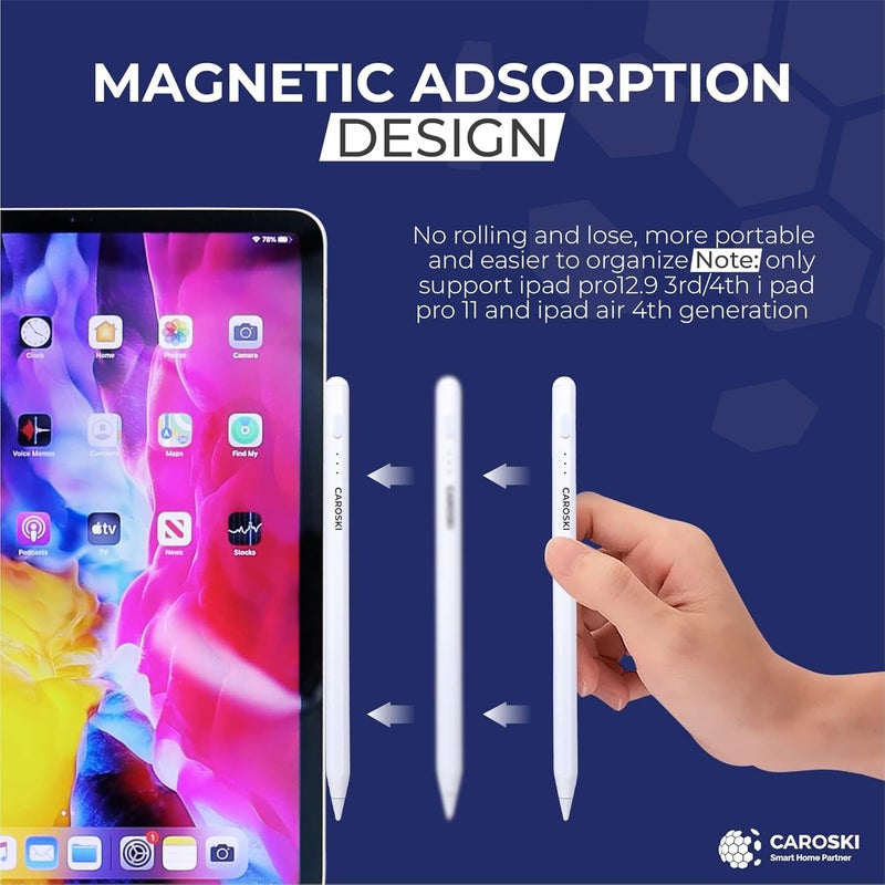 كاروسكي قلم ستايلس لجهاز iPad مع رفض راحة اليد ونقاط إضافية، قلم نشط دقيق متوافق مع iPad Pro Air Mini، تشغيل سريع، بطارية طويلة الأمد، تصميم مغناطيسي، قلم ستايلس مع كابل شحن USB-C (أبيض) - Image 3
