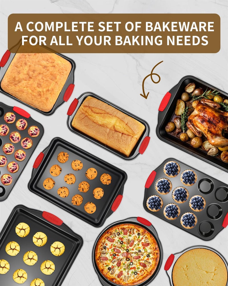Ymiton Baking Pans Set with Silicone Handles, 34 PCS Nonstick Bakeware Sets, Oven Pan Set Includes Baking Tray, Cookie Sheet, Cake Pans, Loaf Pan, Muffin Pan, Pizza Pan - Image 2