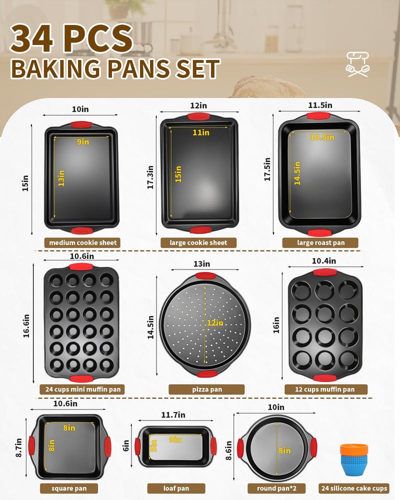 Ymiton Baking Pans Set with Silicone Handles, 34 PCS Nonstick Bakeware Sets, Oven Pan Set Includes Baking Tray, Cookie Sheet, Cake Pans, Loaf Pan, Muffin Pan, Pizza Pan - Image 4