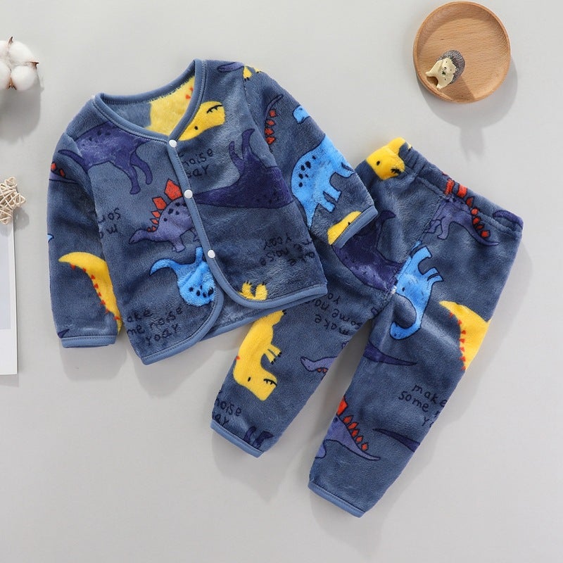 Infant Flannel Warm Cardigan Set for Autumn/Winter Blue Dinosaur - Image 1