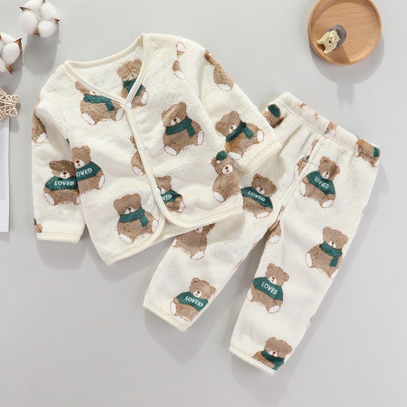 Infant Flannel Warm Cardigan Set for Autumn/Winter Blue Dinosaur - Image 4