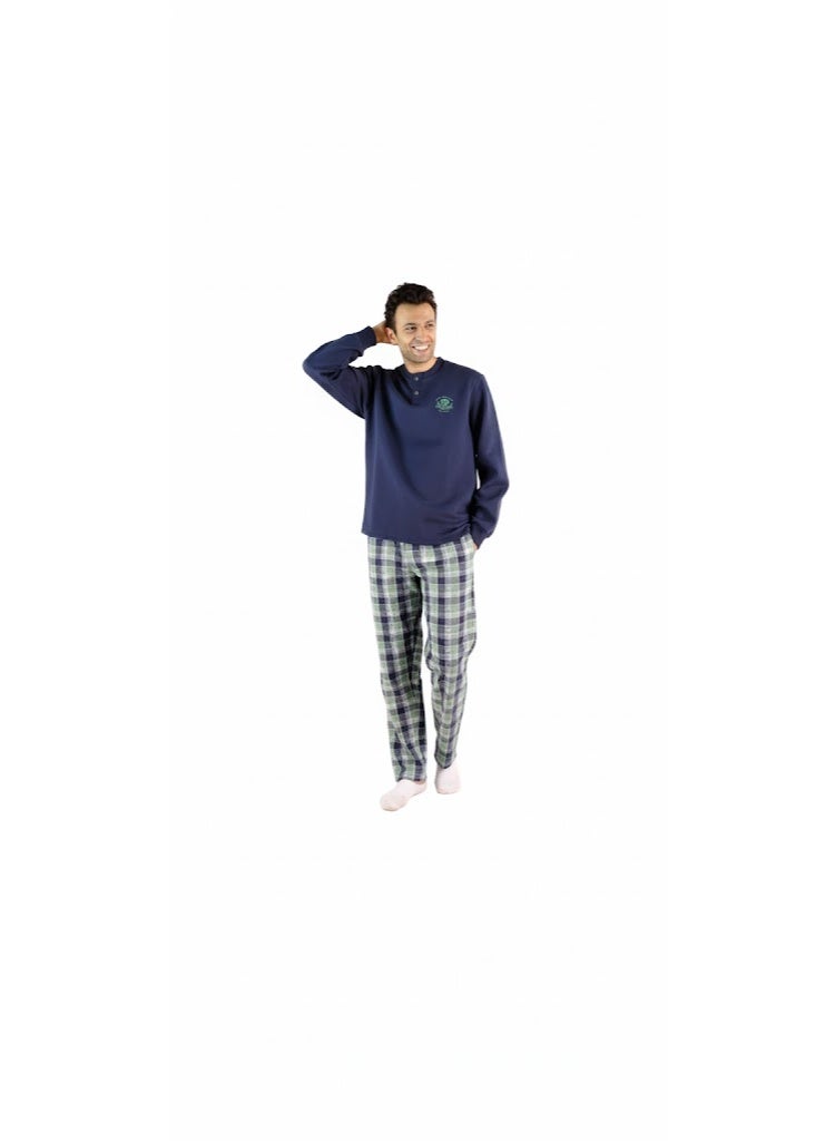 Jet Men Winter Pajama Set Long Sleeve & Carreau Bottom-Navy Blue - Image 1