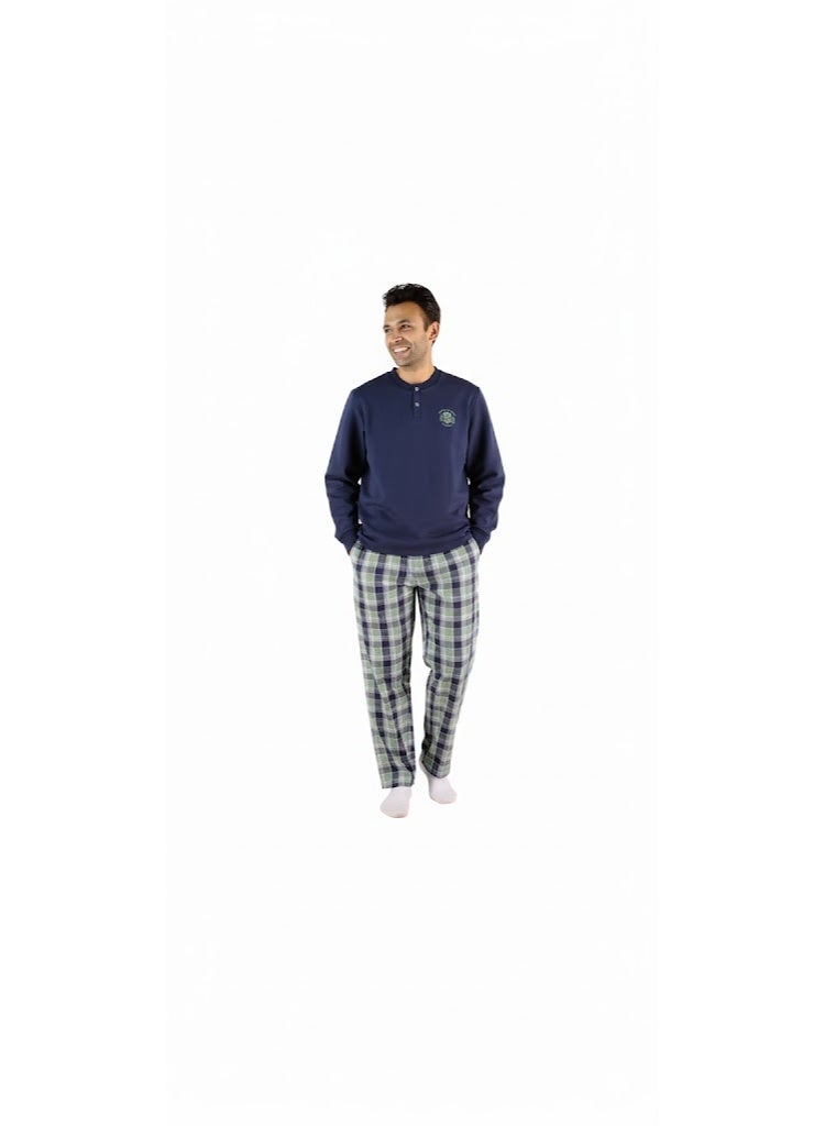 Jet Men Winter Pajama Set Long Sleeve & Carreau Bottom-Navy Blue - Image 2