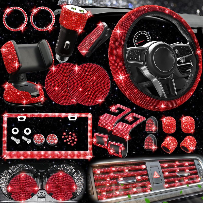 NBTEPEM 27 PCs Red Bling Car Accessories Set for Women Steering Wheel Covers Universal Fit 15 Inch Bling License Plate Frame Bling Phone Holder Bling Car Coasters Red Diamond