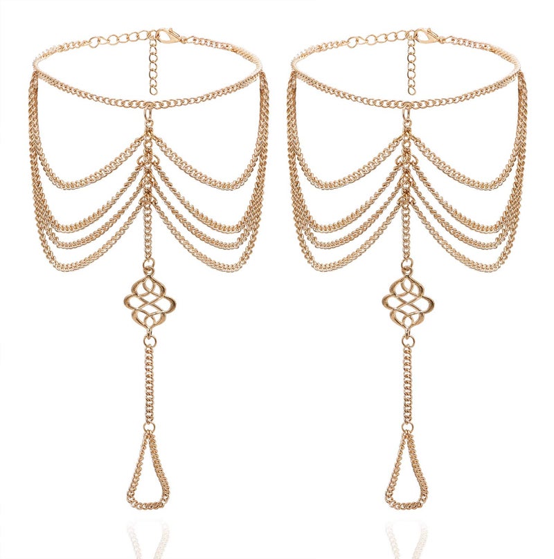 Bienvenu 2 PCS Multi Chain Beach Tassels Anklet Chain Bracelet Barefoot Sandals Foot Jewelry - Image 1