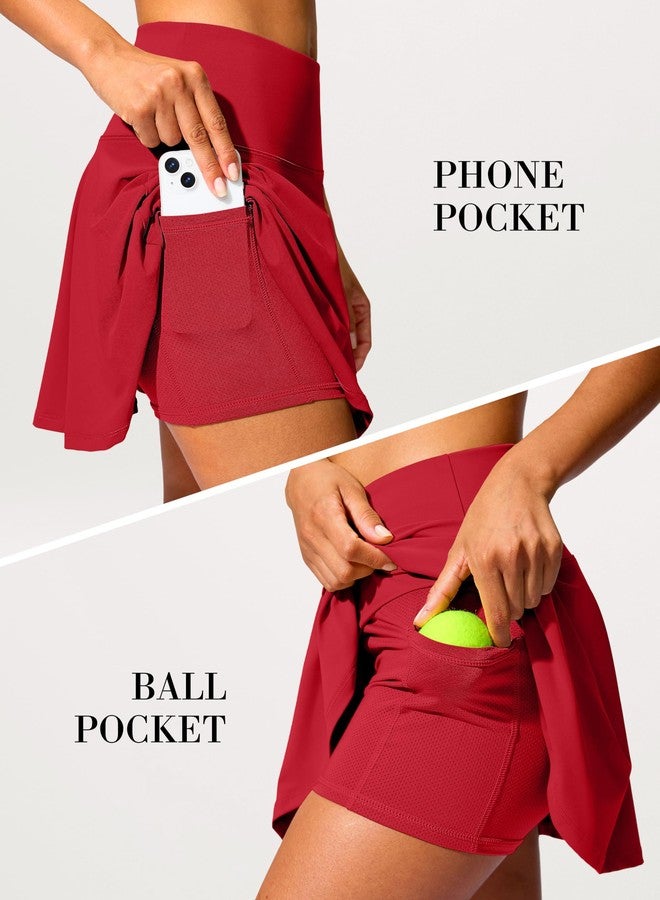SANTINY 14" Tennis Skirt Golf Skorts with Pockets Tummy Control Shorts Pleated Skirts for Women Athletic Dressy Casual (Red_M) - Image 5