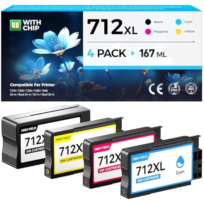 مجموعة خراطيش الحبر 712 712XL 4 عبوات عالية الإنتاجية بديل لـ HP 712 712XL حبر متوافق مع طابعات HP COLOR DESIGNJET T650 T630 T230 T210 STUDIO PLOTTER (80 مل أسود + 29 مل أزرق/أرجواني/أصفر) - Image 1