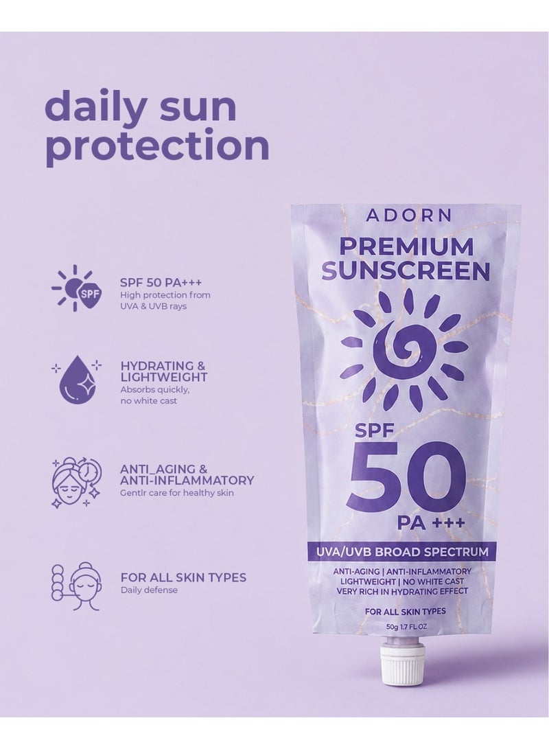 Adorn واقي شمس أدورن بريميوم للحماية من الأشعة فوق البنفسجية SPF 50 PA+++ 50غ - Image 1