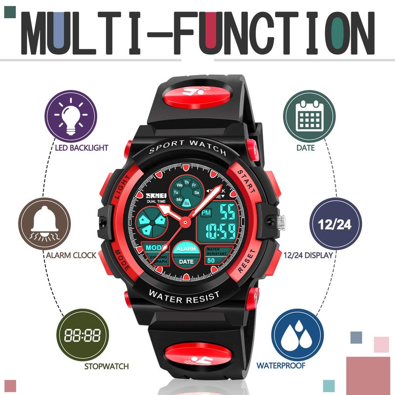 ATIMO Kids Sport Watch, 50M Water Resistant, Dual Time, Alarm, Stopwatch, LED Light, Calendar, Shock Resistant, Polyurethane Band - Image 3