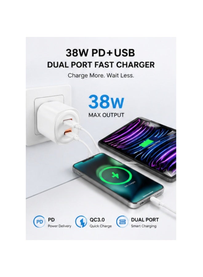 شاحن جداري ثنائي المنافذ بقدرة 38 واط بتقنية الشحن السريع PD + USB، يدعم الشحن السريع. - Image 2