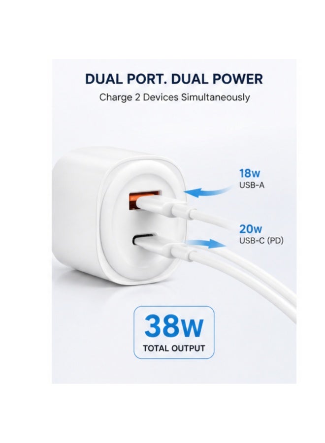 شاحن جداري ثنائي المنافذ بقدرة 38 واط بتقنية الشحن السريع PD + USB، يدعم الشحن السريع. - Image 1