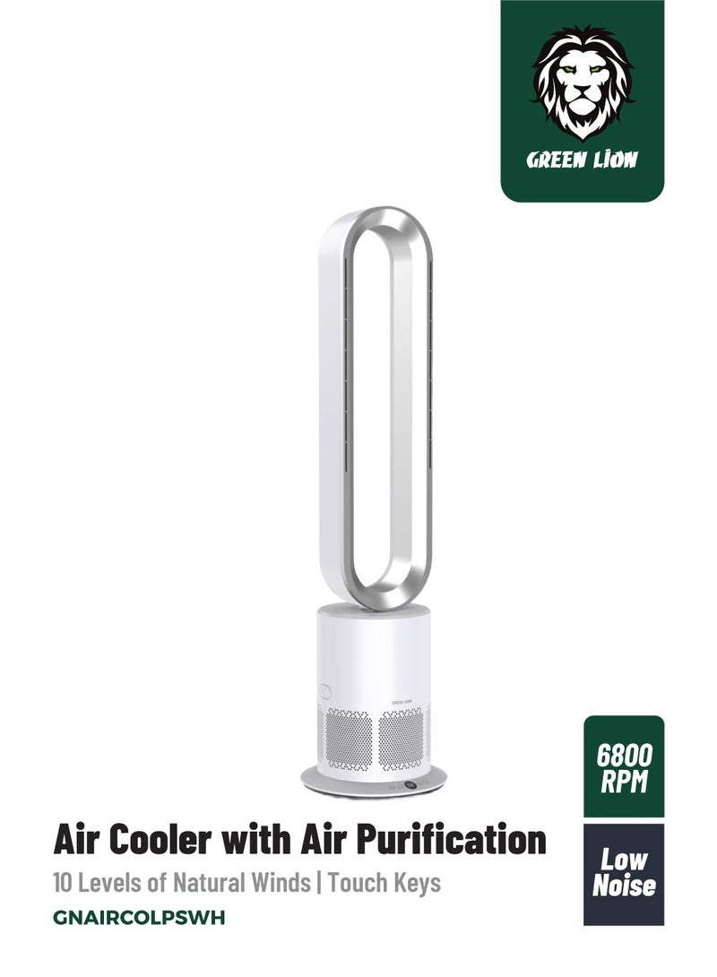 GREEN LION Air Cooler with Air Purification / UK Plug / 1-10 Level Speed / Digital Display / Touch Keys / Smart Timing / Leafless Safe / 6800 RPM / Low Noise / Bladeless Safety / Modern Design - Silver & White - Image 1