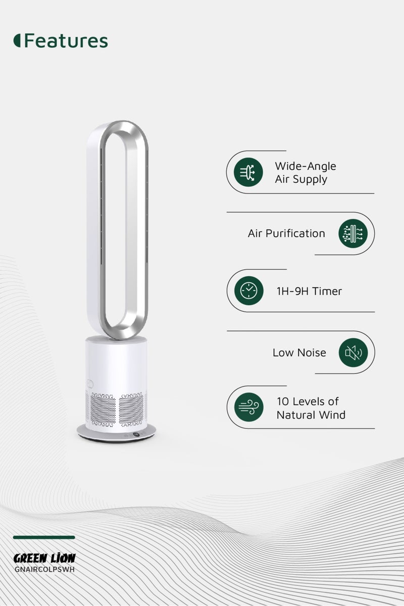 GREEN LION Air Cooler with Air Purification / UK Plug / 1-10 Level Speed / Digital Display / Touch Keys / Smart Timing / Leafless Safe / 6800 RPM / Low Noise / Bladeless Safety / Modern Design - Silver & White - Image 2