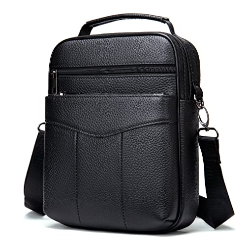 Hebetag Leather Shoulder Handbag Messenger Bag for Men Business Office Work Outdoor Travel Crossbody Pack Pouch Camping Casual Daypack Pocket Black - Image 1