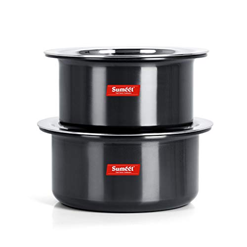 Sumeet 3mm Thick Hard Anodised Big Size Tope Set of 2 Pc with S. S. Lid Size No. 15 (3.50LTR), No. 16 (4.250 LTR) - Image 1