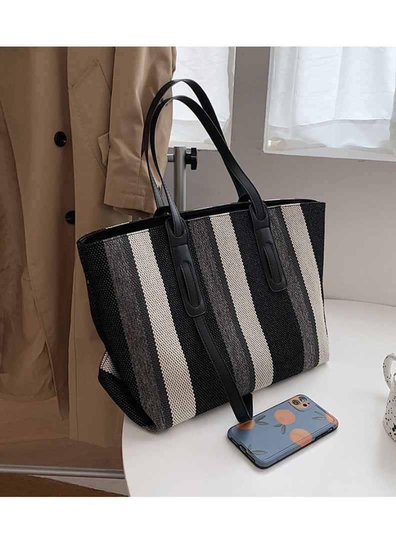Rup Art Women Big Bag  Contrast Color Portable Shoulder Bag Korean Version Of The Vertical Stripe Tote Bag Rup Art  - Image 2