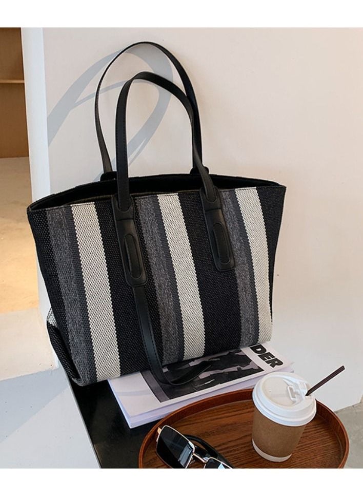 Rup Art Women Big Bag  Contrast Color Portable Shoulder Bag Korean Version Of The Vertical Stripe Tote Bag Rup Art  - Image 3