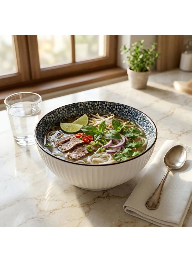QINLANG 60 oz Large Soup Bowl, Pho Bowls, Japanese Ramen Bowls Set of 3, 8 in Blue and White Porcelain Big Bowls for Eating - Floral Pattern - Image 3